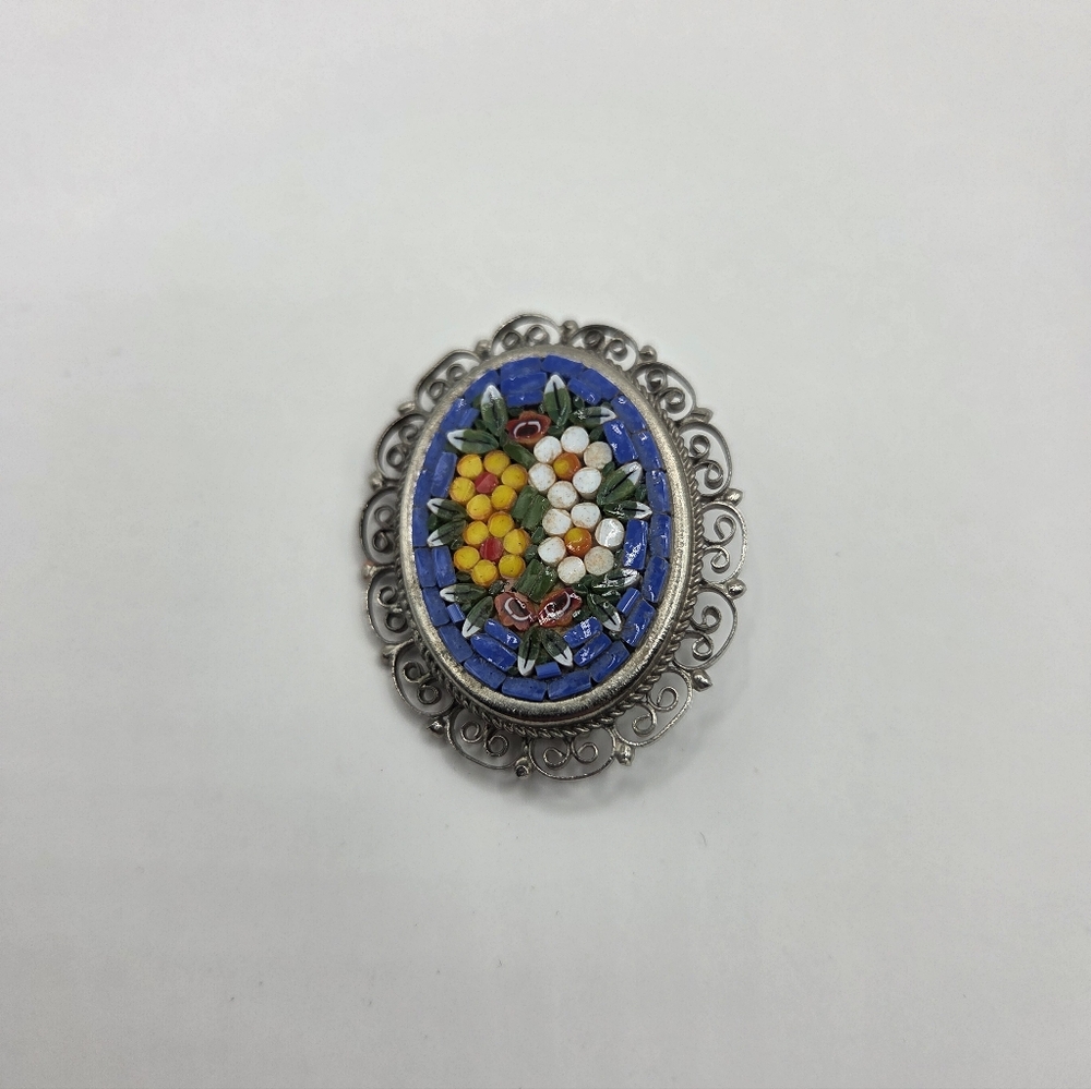 Vintage Micro Mosaic Floral Filigree Silver Tone Brooch Pin Blue Background